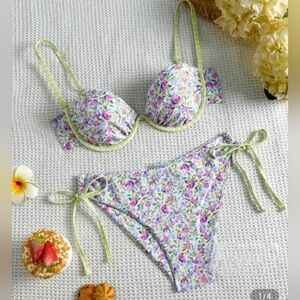 Floral Lace Bra Set with Purple and Green Accents